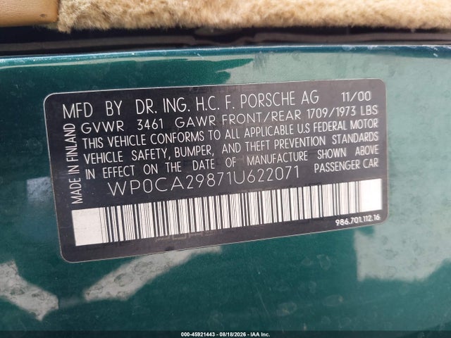2001 Porsche Boxster მანქანა იყიდება აუქციონზე, vin: WP0CA29871U622071, აუქციონის ნომერი: 45921443
