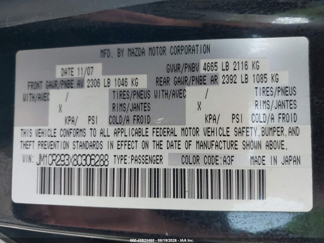45921468 :رقم المزاد ، JM1CR293X80306288 vin ، 2008 Mazda Mazda5 Sport مزاد بيع