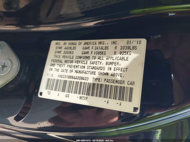 45921470 :رقم المزاد ، 1HGCS1B89AA008403 vin ، 2010 Honda Accord 2.4 Ex-l مزاد بيع