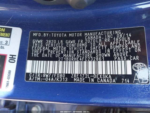 Продажа на аукционе авто 2015 Toyota Corolla S Plus, vin: 2T1BURHE4FC232861, номер лота: 45921477