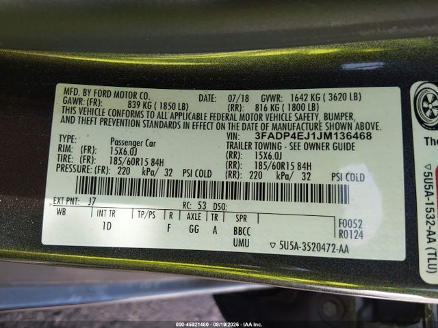 45921480 :رقم المزاد ، 3FADP4EJ1JM136468 vin ، 2018 Ford Fiesta Se مزاد بيع