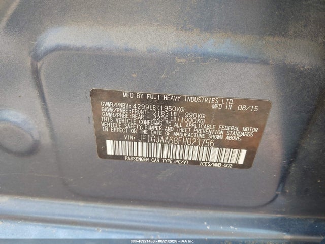 2015 Subaru Impreza 2.0i მანქანა იყიდება აუქციონზე, vin: JF1GJAA68FH023756, აუქციონის ნომერი: 45921483