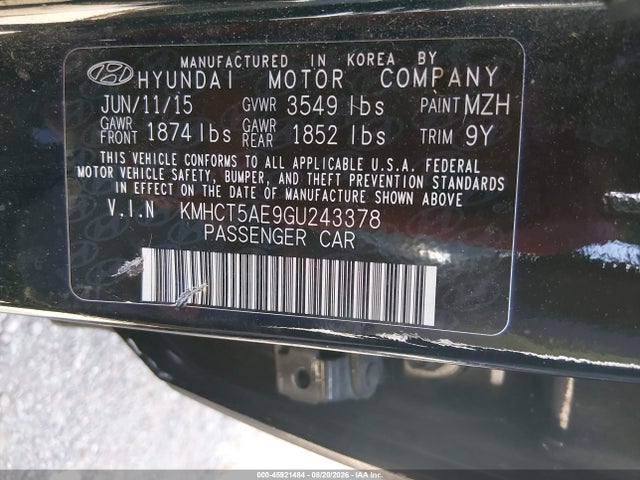 2016 Hyundai Accent Se მანქანა იყიდება აუქციონზე, vin: KMHCT5AE9GU243378, აუქციონის ნომერი: 45921484