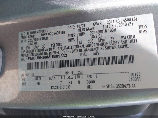 Продаж на аукціоні авто 2021 Ford Escape Sel, vin: 1FMCU9H68MUB09833, номер лоту: 45921487