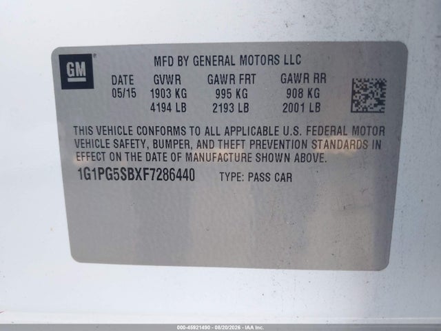 45921490 :رقم المزاد ، 1G1PG5SBXF7286440 vin ، 2015 Chevrolet Cruze Ltz مزاد بيع