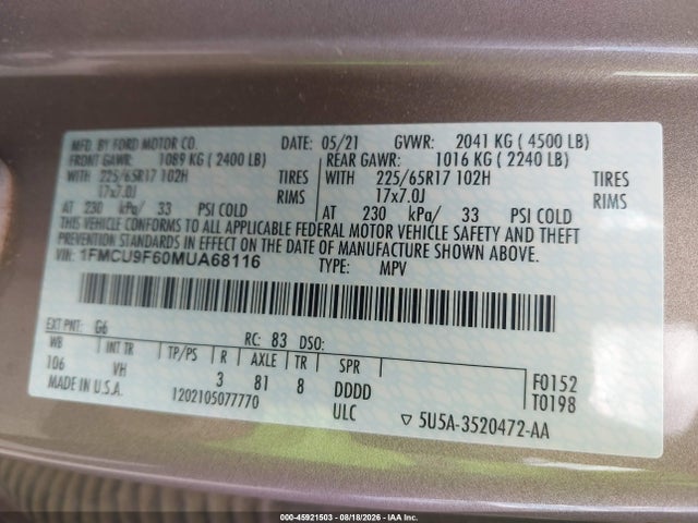 2021 Ford Escape S მანქანა იყიდება აუქციონზე, vin: 1FMCU9F60MUA68116, აუქციონის ნომერი: 45921503