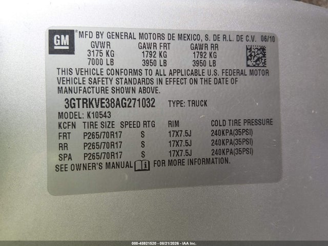 Продаж на аукціоні авто 2010 Gmc Sierra 1500 Sle, vin: 3GTRKVE38AG271032, номер лоту: 45921520
