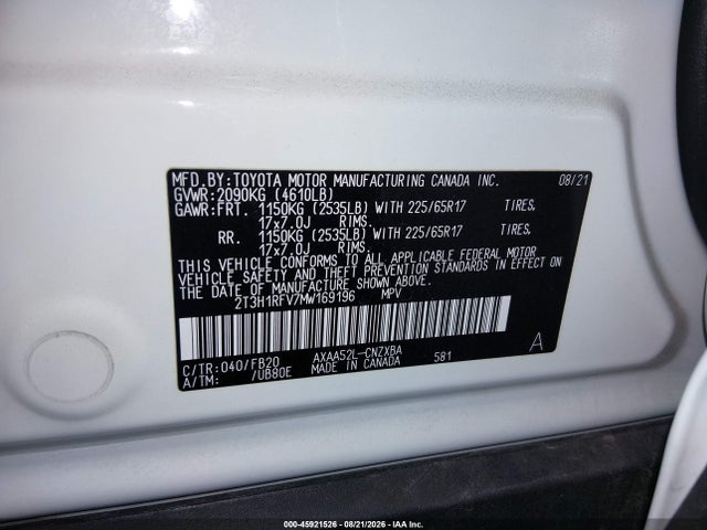 2T3H1RFV7MW169196 Toyota RAV4 LE