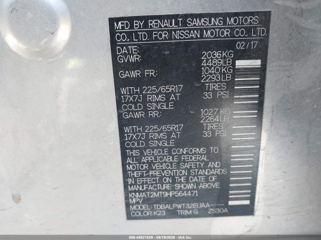 45921529 :رقم المزاد ، KNMAT2MT9HP564471 vin ، 2017 Nissan Rogue S مزاد بيع