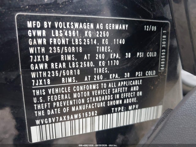 Aukcja sprzedaży 2010 Volkswagen Tiguan Wolfsburg Edition, vin: WVGBV7AX9AW515362, numer aukcji: 45921535
