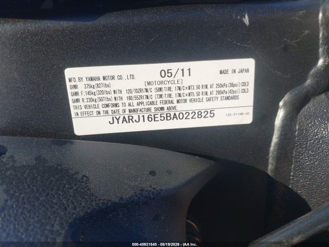 Продажа на аукционе авто 2011 Yamaha Yzfr6, vin: JYARJ16E5BA022825, номер лота: 45921540