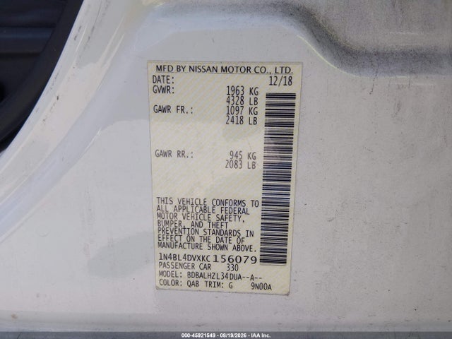 Продаж на аукціоні авто 2019 Nissan Altima 2.5 Sv, vin: 1N4BL4DVXKC156079, номер лоту: 45921549
