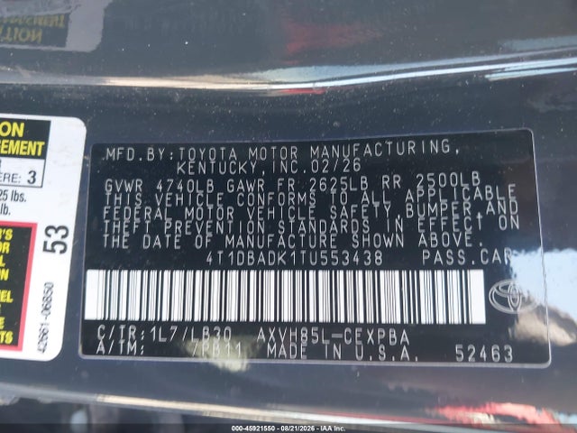 2026 Toyota Camry Xse მანქანა იყიდება აუქციონზე, vin: 4T1DBADK1TU553438, აუქციონის ნომერი: 45921550