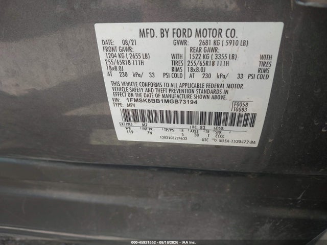 Aukcja sprzedaży 2021 Ford Explorer, vin: 1FMSK8BB1MGB73194, numer aukcji: 45921552