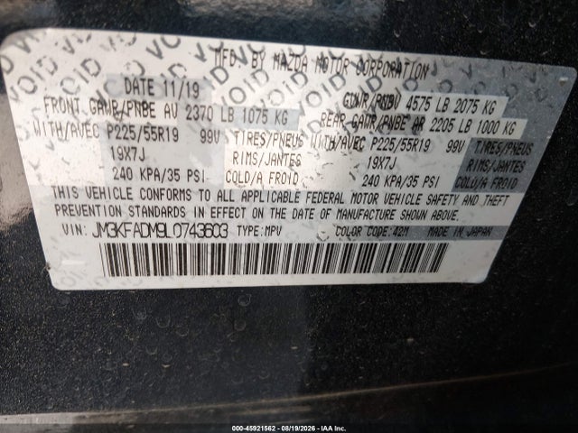 Продажа на аукционе авто 2020 Mazda Cx-5 Grand Touring, vin: JM3KFADM9L0743603, номер лота: 45921562