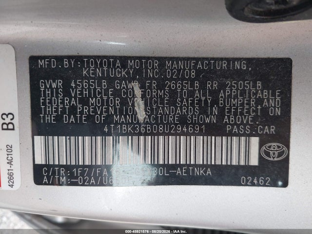 Aukcja sprzedaży 2008 Toyota Avalon Xl, vin: 4T1BK36B08U294691, numer aukcji: 45921576