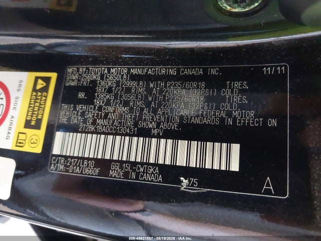 Aukcja sprzedaży 2012 Lexus Rx 350, vin: 2T2BK1BA0CC130431, numer aukcji: 45921587