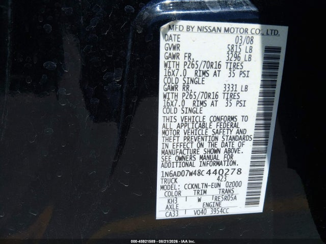 Продажа на аукционе авто 2008 Nissan Frontier Se, vin: 1N6AD07W48C440278, номер лота: 45921589
