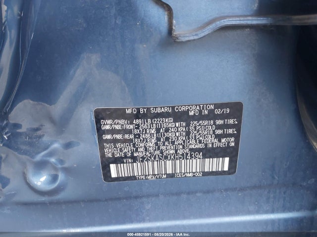 2019 Subaru Forester Limited მანქანა იყიდება აუქციონზე, vin: JF2SKASCXKH514394, აუქციონის ნომერი: 45921591