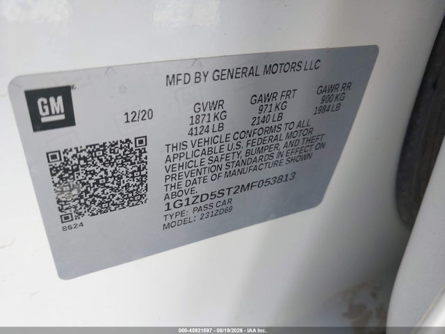 45921597 :رقم المزاد ، 1G1ZD5ST2MF053813 vin ، 2021 Chevrolet Malibu Fwd Lt مزاد بيع