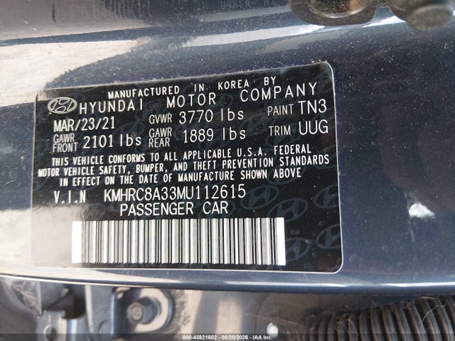 Aukcja sprzedaży 2021 Hyundai Venue Denim, vin: KMHRC8A33MU112615, numer aukcji: 45921602