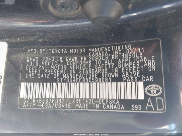 Aukcja sprzedaży 2011 Toyota Corolla S, vin: 2T1BU4EE8BC598081, numer aukcji: 45921603
