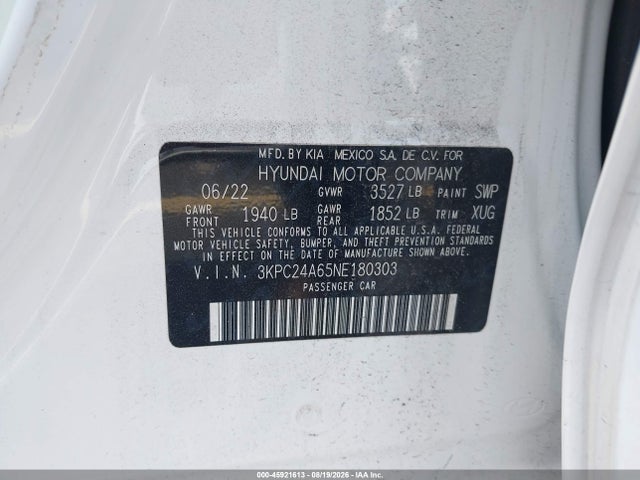 2022 Hyundai Accent Se მანქანა იყიდება აუქციონზე, vin: 3KPC24A65NE180303, აუქციონის ნომერი: 45921613