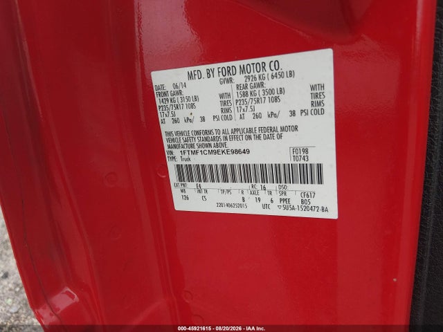 Продаж на аукціоні авто 2014 Ford F-150 Xl, vin: 1FTMF1CM9EKE98649, номер лоту: 45921615