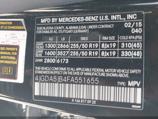 45921627 :رقم المزاد ، 4JGDA5JB4FA551655 vin ، 2015 Mercedes-benz Ml 350 مزاد بيع