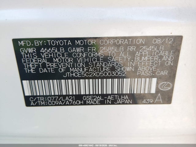 45921642 :رقم المزاد ، JTHCE5C2XD5003052 vin ، 2013 Lexus Is 350 مزاد بيع