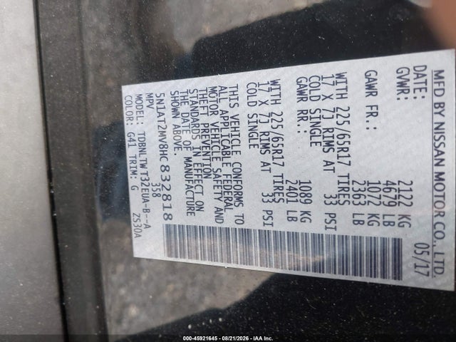 45921645 :رقم المزاد ، 5N1AT2MV8HC832818 vin ، 2017 Nissan Rogue Sv مزاد بيع