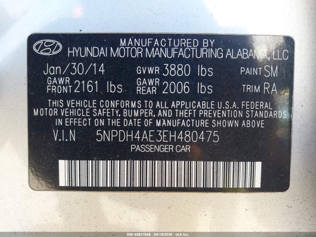 Продажа на аукционе авто 2014 Hyundai Elantra Se, vin: 5NPDH4AE3EH480475, номер лота: 45921646