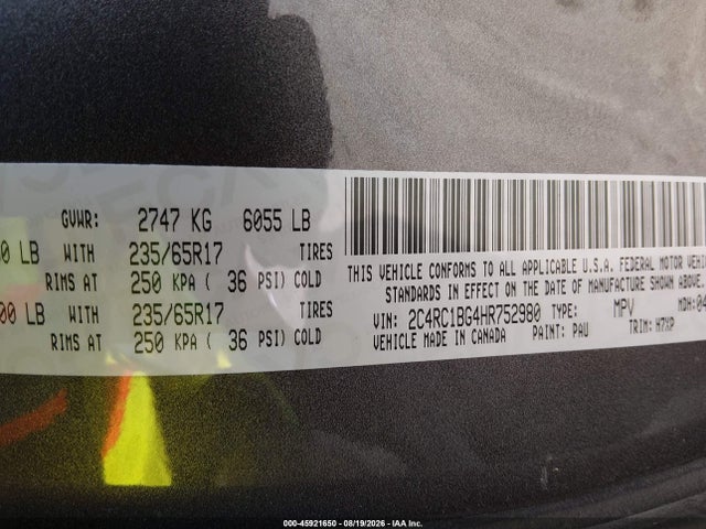 Aukcja sprzedaży 2017 Chrysler Pacifica Touring Plus, vin: 2C4RC1BG4HR752980, numer aukcji: 45921650