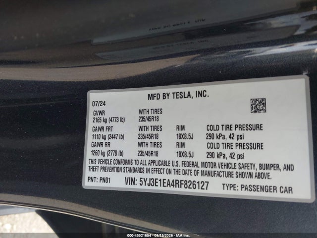 Aukcja sprzedaży 2024 Tesla Model 3, vin: 5YJ3E1EA4RF826127, numer aukcji: 45921654