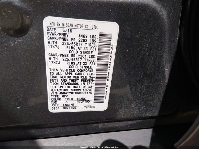 Aukcja sprzedaży 2016 Nissan Rogue S/sl/sv, vin: JN8AT2MT9GW006175, numer aukcji: 45921660