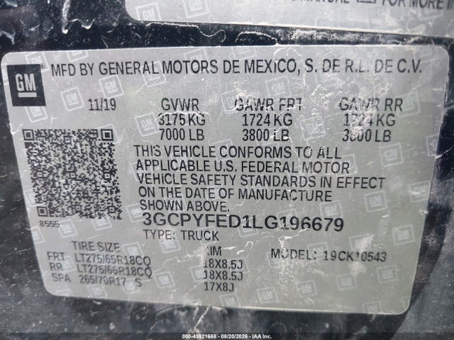 Aukcja sprzedaży 2020 Chevrolet Silverado 1500 4wd  Short Bed Lt Trail Boss, vin: 3GCPYFED1LG196679, numer aukcji: 45921668