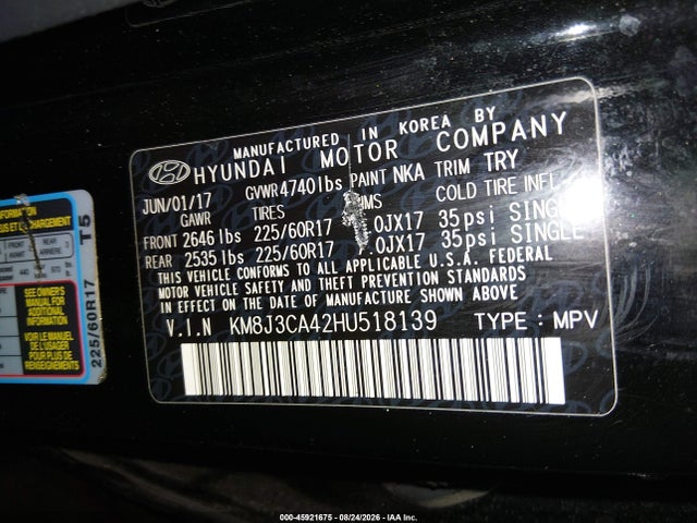 2017 Hyundai Tucson Se Plus მანქანა იყიდება აუქციონზე, vin: KM8J3CA42HU518139, აუქციონის ნომერი: 45921675