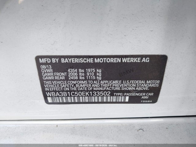 2014 Bmw 320i მანქანა იყიდება აუქციონზე, vin: WBA3B1C50EK133502, აუქციონის ნომერი: 45921680