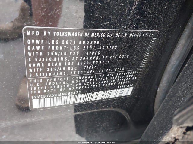 2021 Volkswagen Tiguan მანქანა იყიდება აუქციონზე, vin: 3VV2B7AX6MM093473, აუქციონის ნომერი: 45921683