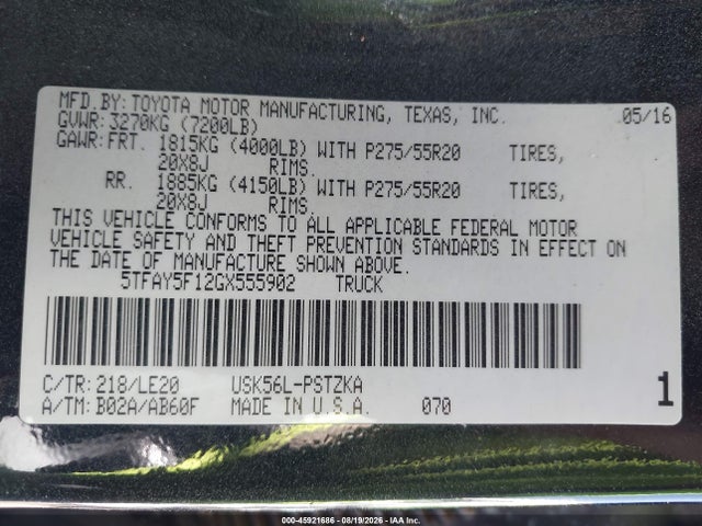 45921686 :رقم المزاد ، 5TFAY5F12GX555902 vin ، 2016 Toyota Tundra Platinum 5.7l V8 مزاد بيع