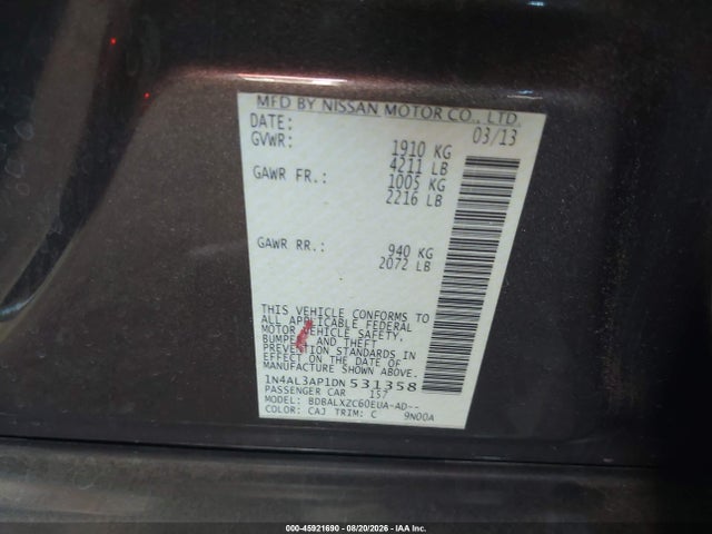 2013 Nissan Altima 2.5 Sl მანქანა იყიდება აუქციონზე, vin: 1N4AL3AP1DN531358, აუქციონის ნომერი: 45921690