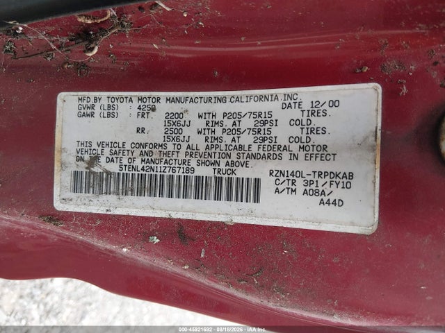 Продажа на аукционе авто 2001 Toyota Tacoma, vin: 5TENL42N11Z767189, номер лота: 45921692