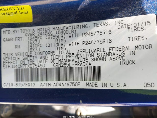2015 Toyota Tacoma Prerunner V6 მანქანა იყიდება აუქციონზე, vin: 5TFJU4GN7FX075490, აუქციონის ნომერი: 45921705