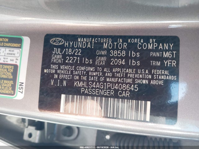Продажа на аукционе авто 2023 Hyundai Elantra Sel, vin: KMHLS4AG1PU408645, номер лота: 45921711