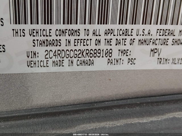 Aukcja sprzedaży 2019 Dodge Grand Caravan Sxt, vin: 2C4RDGCG2KR689108, numer aukcji: 45921718
