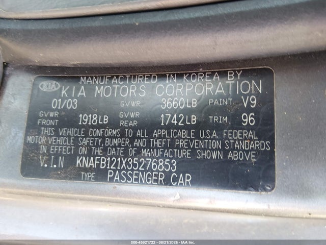 Продажа на аукционе авто 2003 Kia Spectra Ls, vin: KNAFB121X35276853, номер лота: 45921722