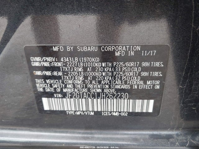 Продаж на аукціоні авто 2018 Subaru Crosstrek 2.0i Premium, vin: JF2GTACC1JH262230, номер лоту: 45921729