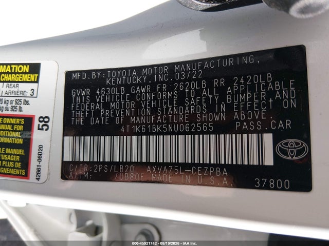 Aukcja sprzedaży 2022 Toyota Camry Xse Awd, vin: 4T1K61BK5NU062565, numer aukcji: 45921742