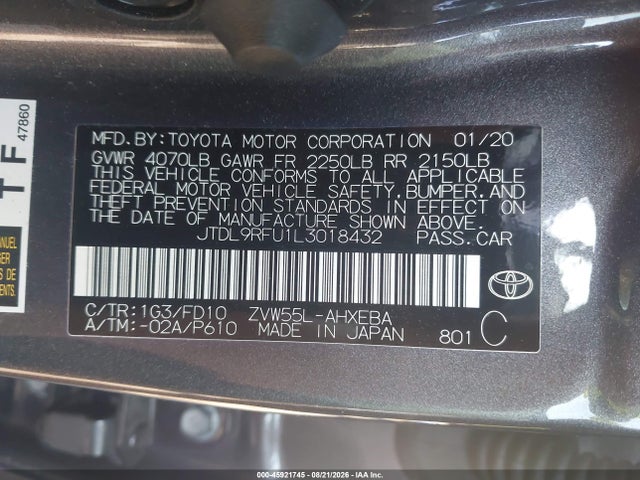 45921745 :رقم المزاد ، JTDL9RFU1L3018432 vin ، 2020 Toyota Prius Le Awd-e مزاد بيع