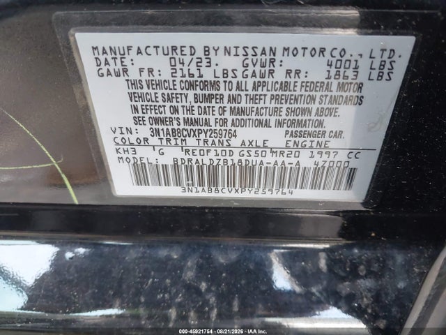 2023 Nissan Sentra Sv Xtronic Cvt მანქანა იყიდება აუქციონზე, vin: 3N1AB8CVXPY259764, აუქციონის ნომერი: 45921754